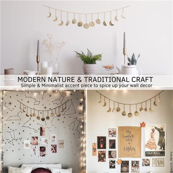 Moon Phase Wall Hanging, Handmade Hammered Gold Metal 13 Moons 36" Garland - Picture 2 of 6